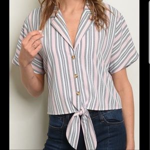 Tie front pink/white striped button up